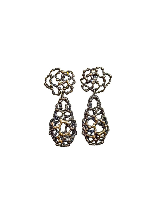 One of a kind Rose Stud Teardrop Earrings in Oxidized Silver with Small Diamond. 