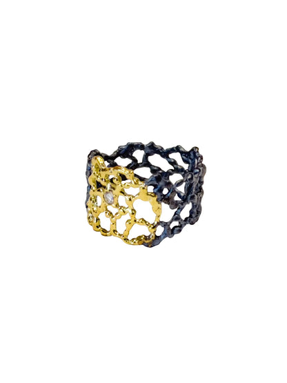 Gold & Black Lace Diamond Ring Size 7.5