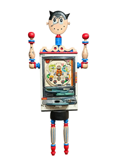 mixed media sculpture. made from antique and vintage items. decorative and functional artwork. pinball machine, clock