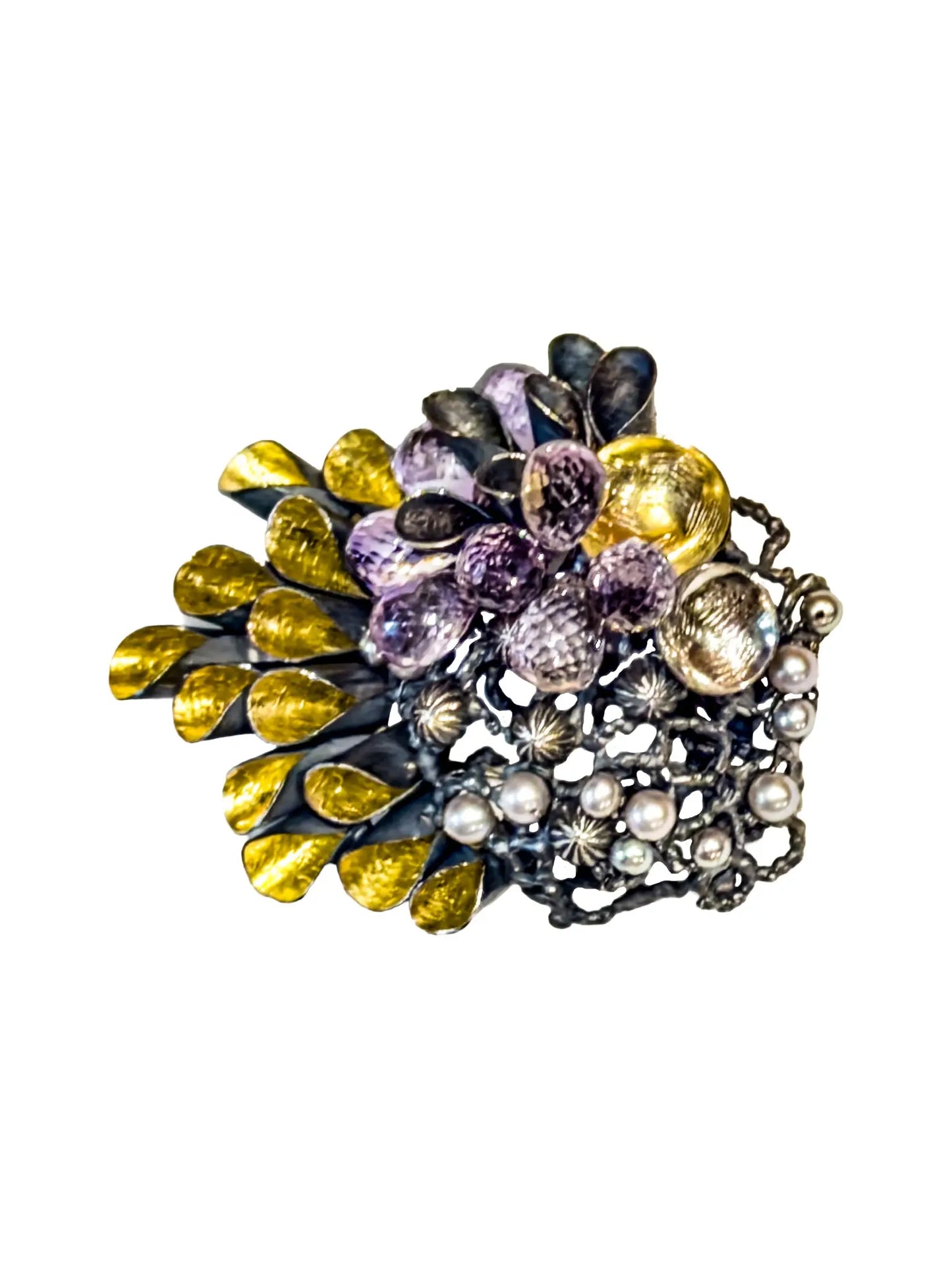 Amethyst, Citrine, Sterling & 18K Brooch