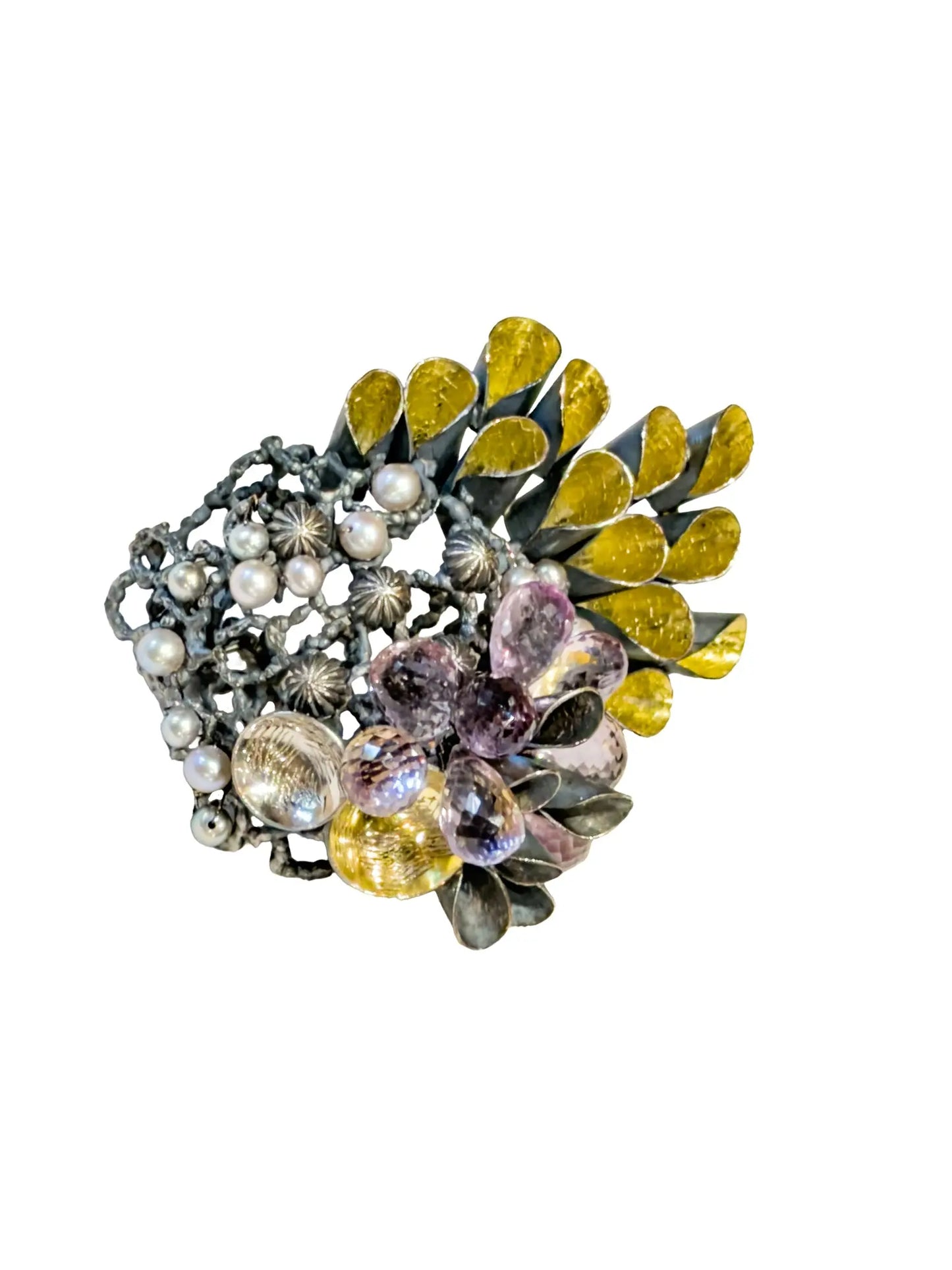 Amethyst, Citrine, Sterling & 18K Brooch