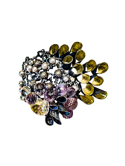 Amethyst, Citrine, Sterling & 18K Brooch