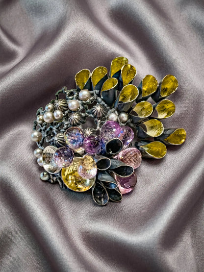 Amethyst, Citrine, Sterling & 18K Brooch