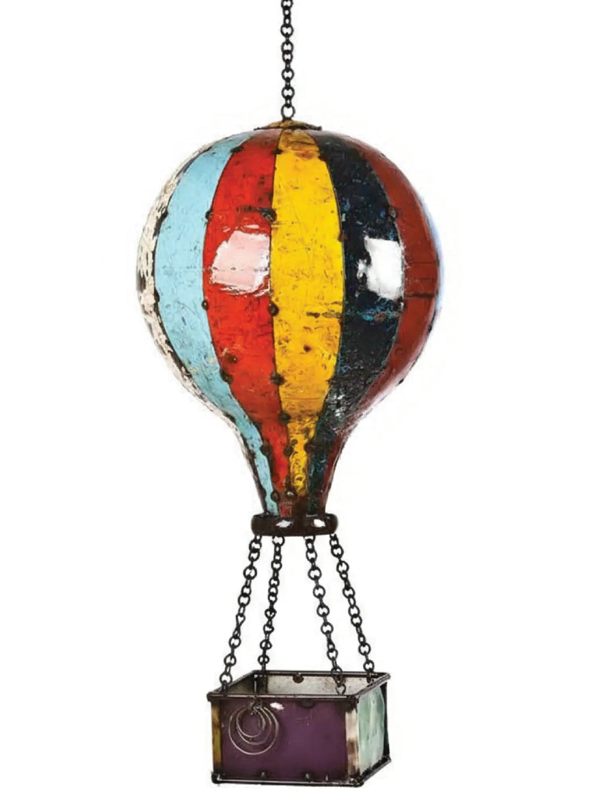A hanging hot air balloon pendant light with a distressed, colorful striped balloon globe and a small hanging basket below, shown on a plain white background.