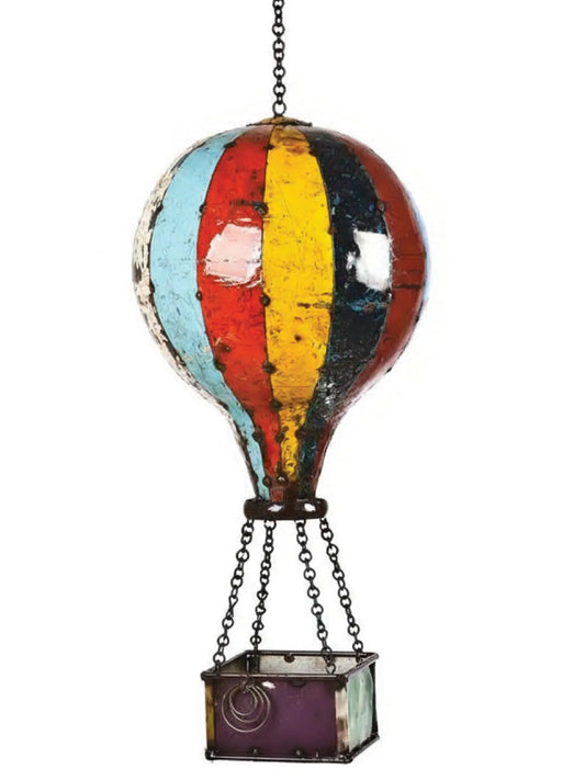 A hanging hot air balloon pendant light with a distressed, colorful striped balloon globe and a small hanging basket below, shown on a plain white background.