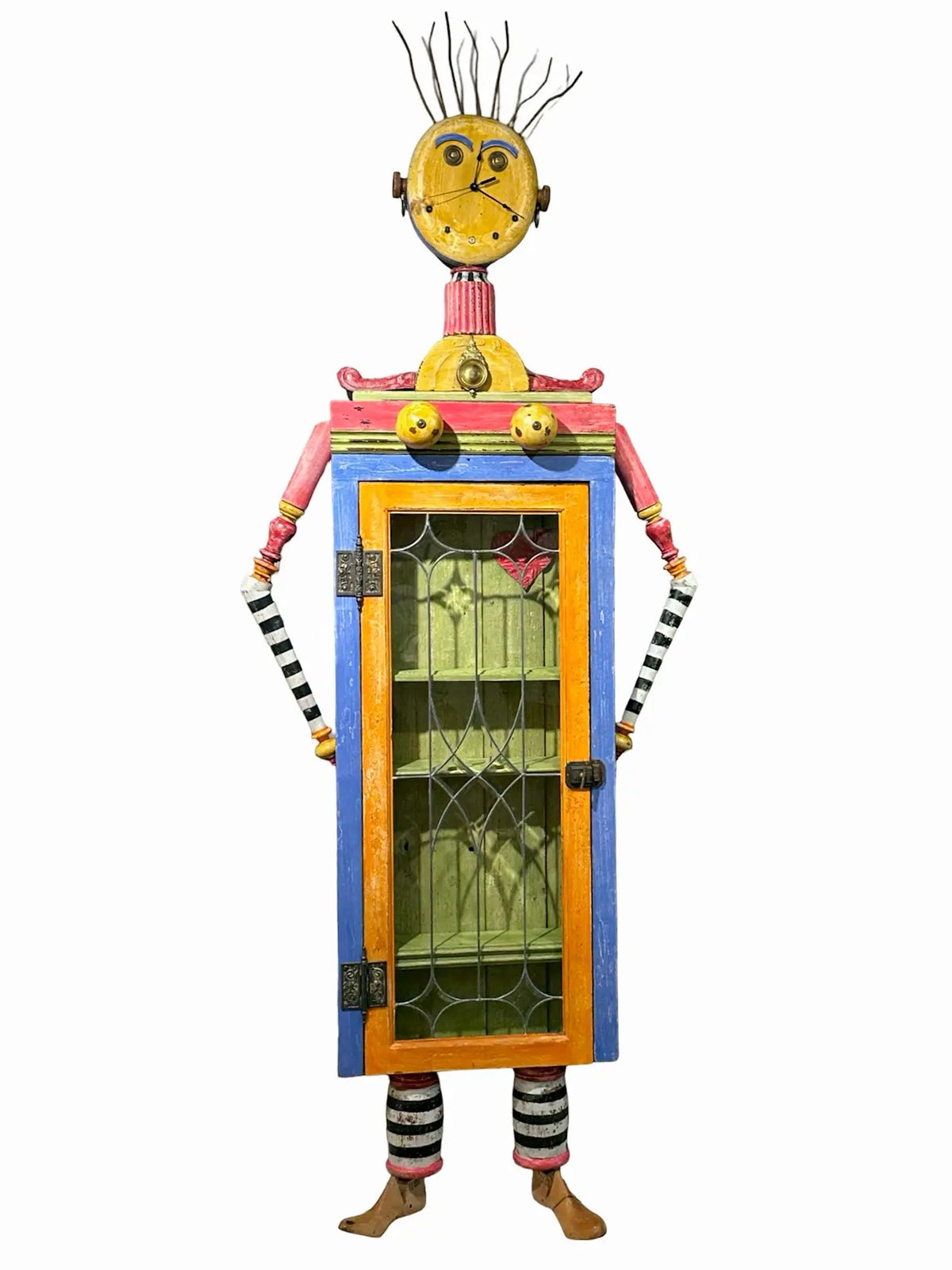 mixed media sculpture made from antiques and vintage items, piano wire, barn siding, glass door. decorative and functional cabinet.