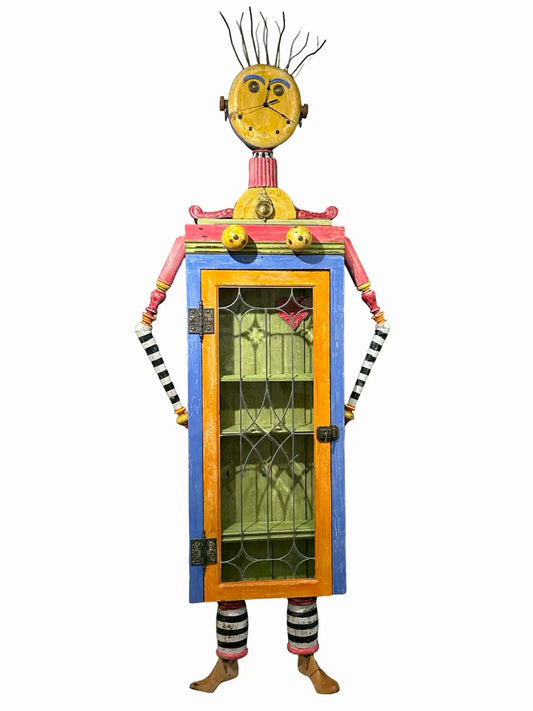 mixed media sculpture made from antiques and vintage items, piano wire, barn siding, glass door. decorative and functional cabinet.