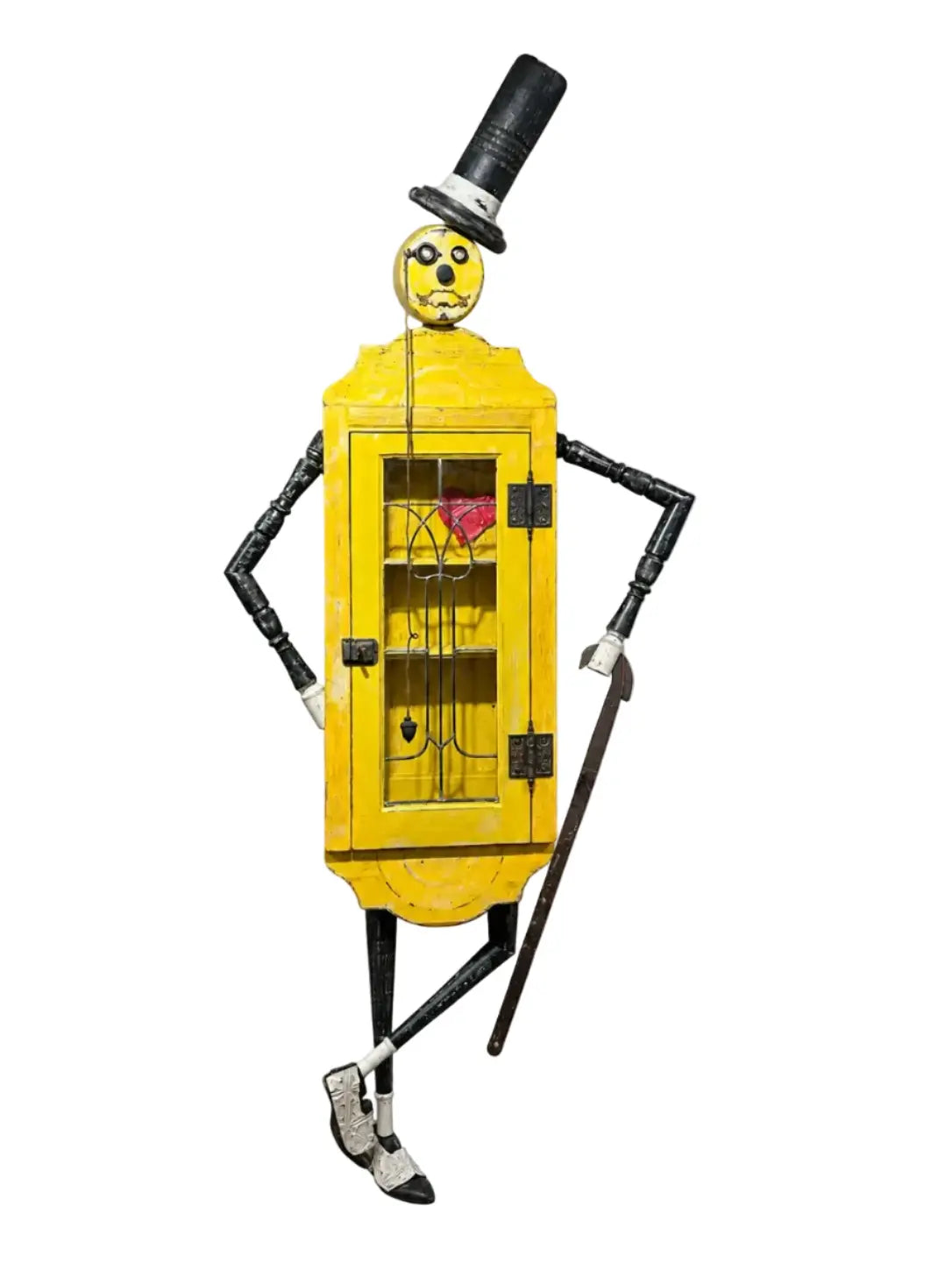 mixed media sculpture made from antique and vintage items.  Mr. Peanut is a classic. decorative and functional cabinet.