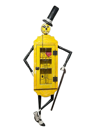 mixed media sculpture made from antique and vintage items.  Mr. Peanut is a classic. decorative and functional cabinet.